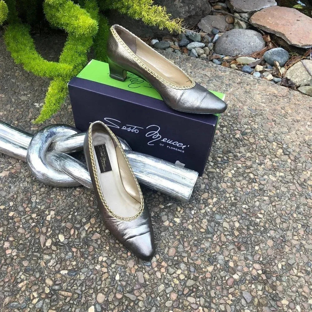 Sesto Meucci Pewter Metallic Leather Vintage Made in Italy Pumps Heels